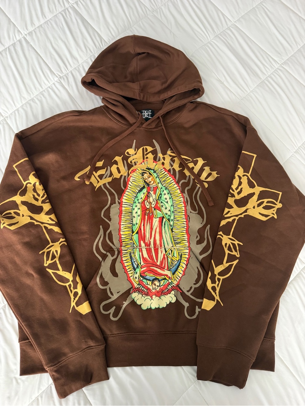 Ed Hardy Brown Crewneck Hoodie with Multicolor Virgin Mary Graphic